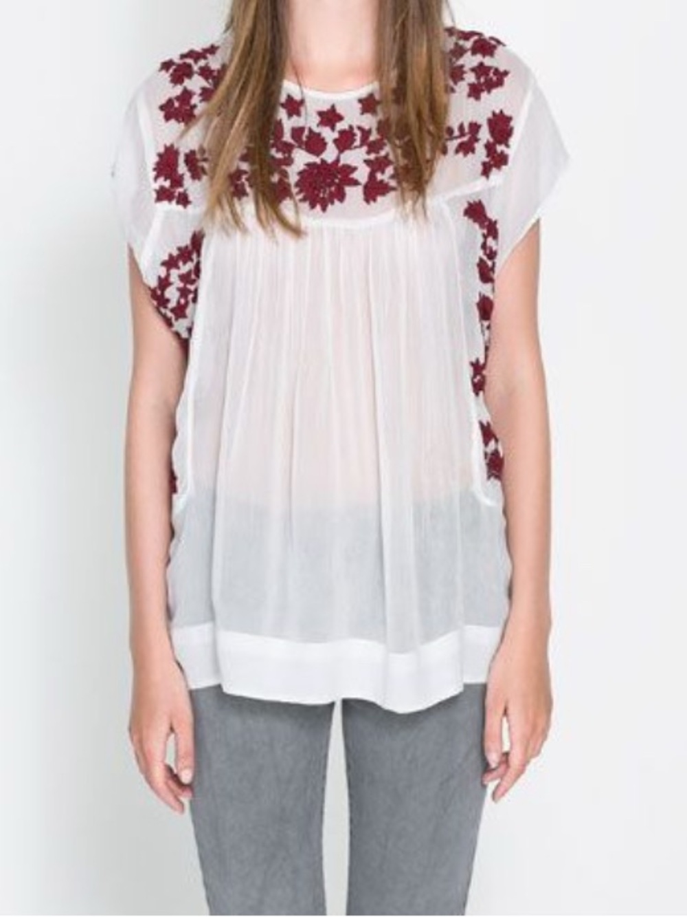 Zara Embroidered Floral Bohemian Cotton Peasant Blouse Size Medium